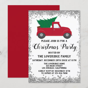 Invitation Sapin de Noël rouge fête de Noël Party argenté