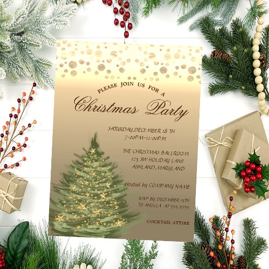Invitation Sapin doré, Étoiles, Points Fête de Noël