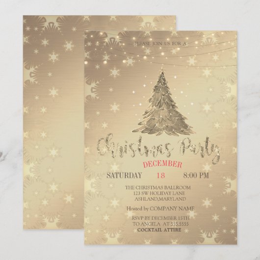 Invitation Sapin doré, Fête de Noël dorée (Devant / Derrière)