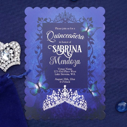 Invitation Sapphire Bleu, Diamant Tiara Papillon Quinceanera