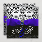 INVITATION SAPPHIRE BLEUE RIBBON BLACK DAMASK MONOGRAM (Devant / Derrière)