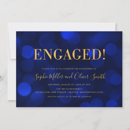 Invitation Sapphire Blue Bokeh Faux Gold Engagement Party (Devant)