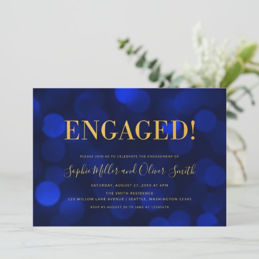 Invitation Sapphire Blue Bokeh Faux Gold Engagement Party (Debout devant)