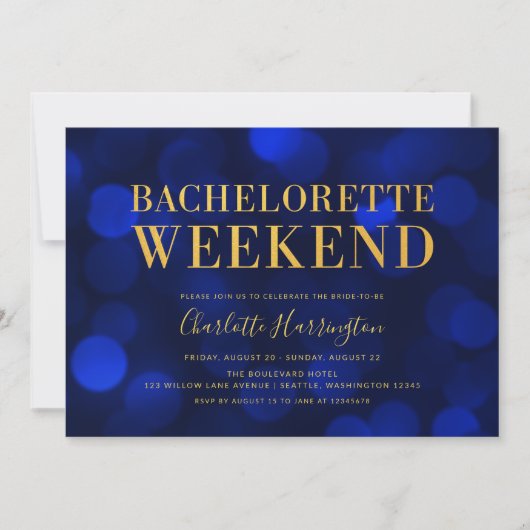 Invitation Sapphire Blue Bokeh Lights Bachelorette Week-end (Devant)