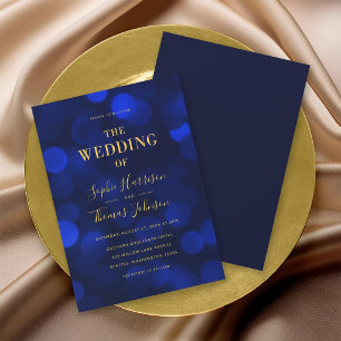 Invitation Sapphire Blue Bokeh Lights Faux Gold Mariage