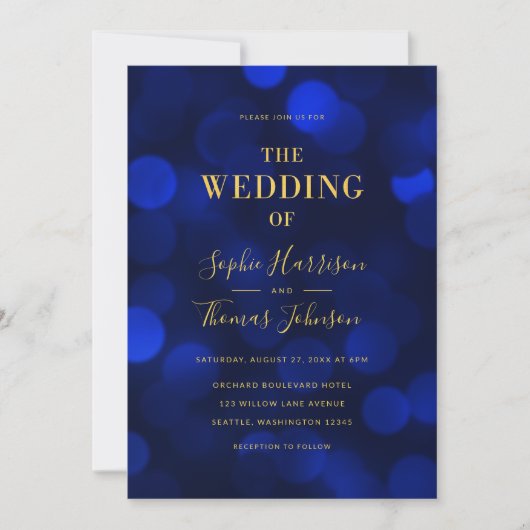 Invitation Sapphire Blue Bokeh Lights Faux Gold Mariage (Devant)