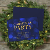 Invitation Sapphire Blue Bokeh Lights Gold Christmas Party