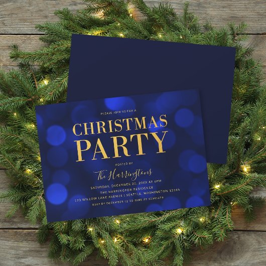 Invitation Sapphire Blue Bokeh Lights Gold Christmas Party