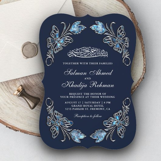 Invitation Sapphire Blue Floral Butterflies Mariage islamique