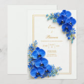 Invitation Sapphire Blue Gilded Orchid Botanical Wedding (Devant / Derrière)