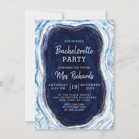 Invitation Sapphire Blue Rose Gold Geode Bachelorette Party (Devant)