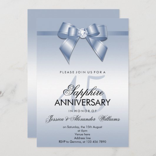 Invitation Sapphire Bow & Ribbon 45e anniversaire de Mariage (Devant / Derrière)