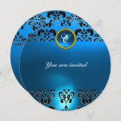 Invitation SAPPHIRE DAMAS GEMME MONOGRAMME noir bleu (Devant / Derrière)