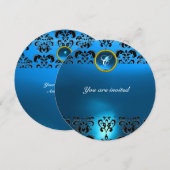 Invitation SAPPHIRE DAMASK GEMME PIERRE MONOGRAMME noir bleu (Devant / Derrière)