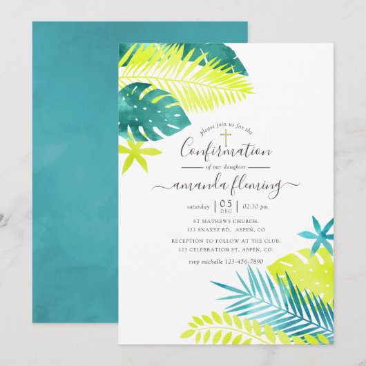 Invitation Sarcelle - Confirmation tropicale turquoise et cit (Devant / Derrière)