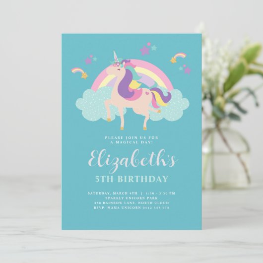 Invitation Sarcelle | Cute Rainbow Unicorn Personnalisé Anniv (Debout devant)
