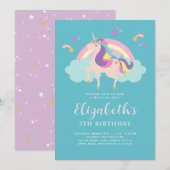 Invitation Sarcelle | Cute Rainbow Unicorn Personnalisé Anniv (Devant / Derrière)