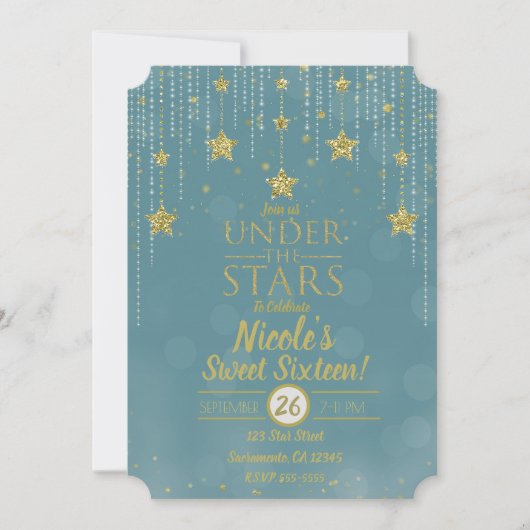 Invitation Sarcelle et Or Sous Les Étoiles Douce 16 Étoilée (Devant)