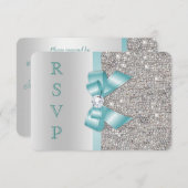 Invitation Sarcelle Faux Arc Argent Paillettes Diamant RSVP (Devant / Derrière)