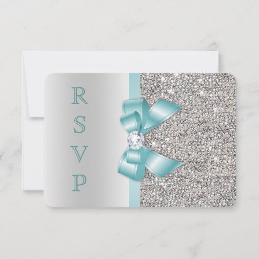 Invitation Sarcelle Faux Arc Argent Paillettes Diamant RSVP (Devant)