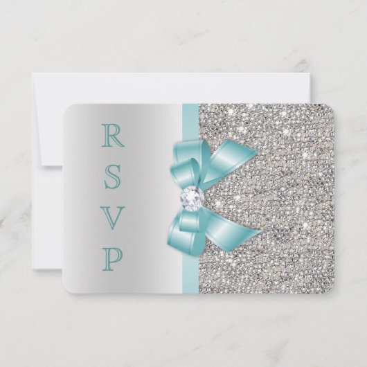Invitation Sarcelle Faux noeud papillon Sequins argent Diaman (Devant)