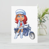 Invitation Sassy Biker Girl avec cheveux rouges et moto (Debout devant)