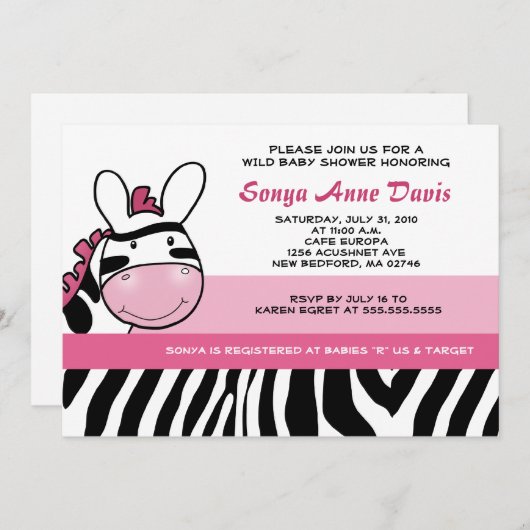 Invitation Sassy Pink Zebra Stripe Diva Baby shower 5x7 Invit (Devant / Derrière)