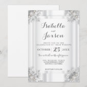 Invitation Satin blanc élégant et ornement blanc argenté (Devant / Derrière)