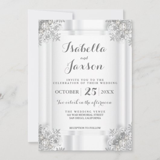 Invitation Satin Blanc Élégant et Ornements Blanc Argenté (Devant)