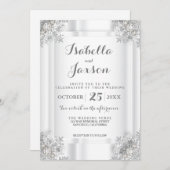 Invitation Satin Blanc Élégant et Ornements Blanc Argenté (Devant / Derrière)
