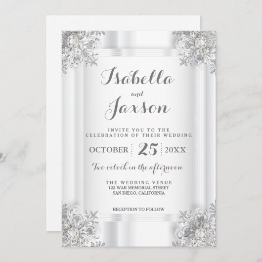 Invitation Satin Blanc Élégant et Ornements Blanc Argenté (Devant / Derrière)