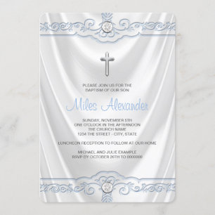 Invitation Satin blanc et bleu de blanc de baptême de baptême