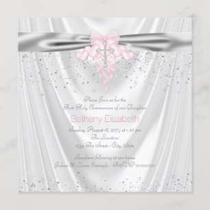 Invitation Satin Blanc Paillettes Croix Rose Première Communi