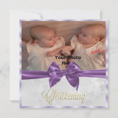 Invitation Satin Bow Photo jumeau Fille's Christening (Devant)
