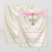 Invitation Satin de première communion ivoire et rose (Devant / Derrière)