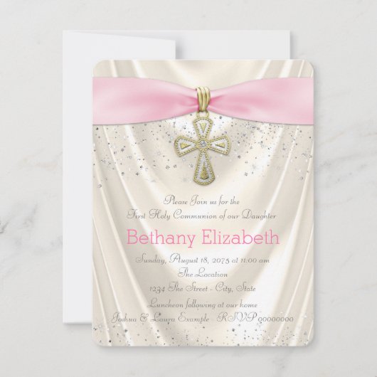 Invitation Satin de première communion ivoire et rose (Devant)