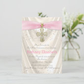 Invitation Satin de première communion ivoire et rose (Debout devant)