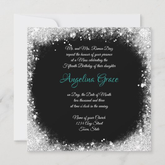 Invitation Satin Turquoise Élégant, Parties scintillant Silv, (Dos)