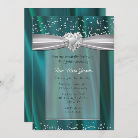 Invitation Satin turquoise et diamants Quinceañera (Devant / Derrière)