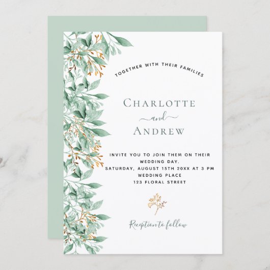 Invitation Sauge botanique vert mariage or vert (Devant / Derrière)