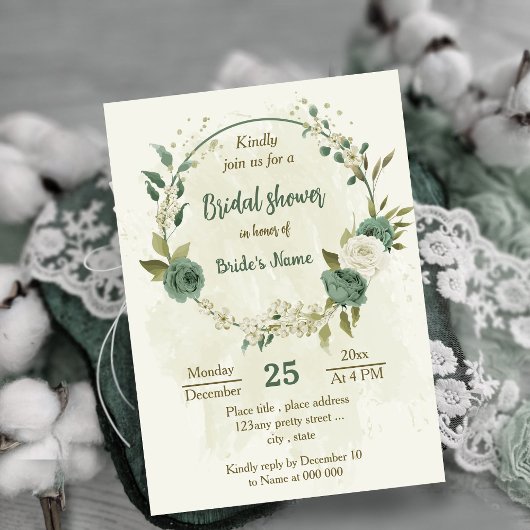 Invitation sauge vert fleurs blanches botanique douche de nup