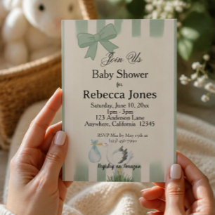 Invitation Sauge Verte Cigogne Baby Shower Neutre