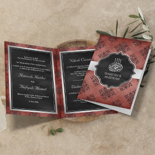Invitation Saumon Argenté Orange Noir Damas Musulman Mariage