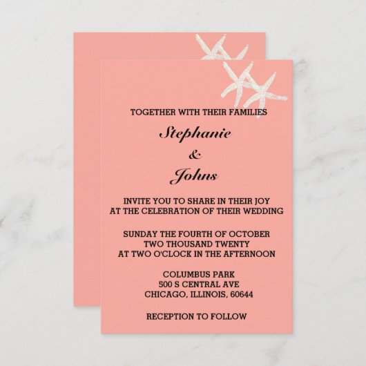 Invitation Saumon blanc Starfish Mariage couleur orange perso (Devant / Derrière)