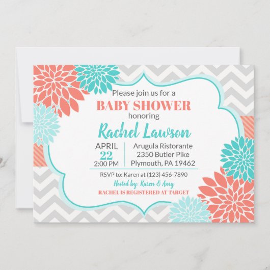 Invitation Saumon & fleurs turquoise Baby shower Floral (Devant)