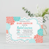 Invitation Saumon & fleurs turquoise Baby shower Floral (Debout devant)