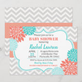 Invitation Saumon & fleurs turquoise Baby shower Floral (Devant / Derrière)