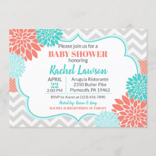 Invitation Saumon & fleurs turquoise Baby shower Floral