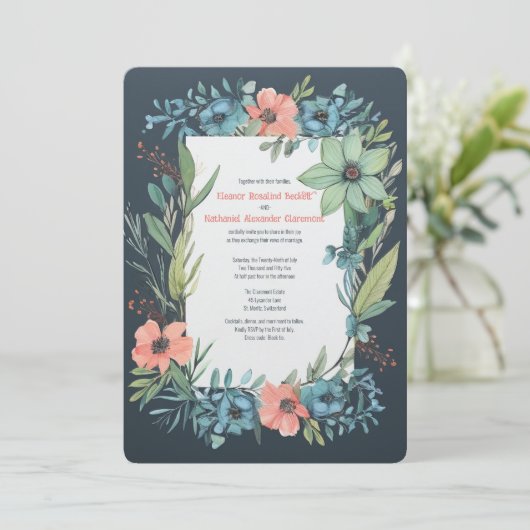 Invitation Saumon floral Whimsical Mariage bleu vert (Debout devant)