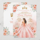 Invitation Saumon Peach Princesse Floral Gold Quinceañera (Devant / Derrière)